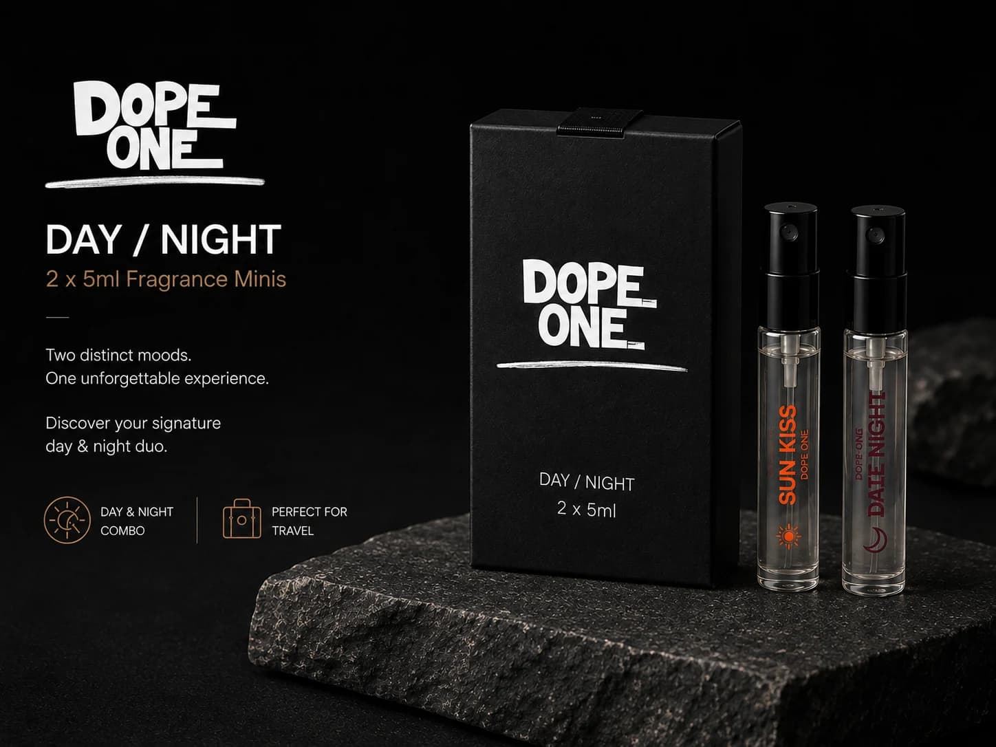The Day / Night box in black board beside its two 5ml spray vials, Sun Kiss and Date Night, standing on dark stone