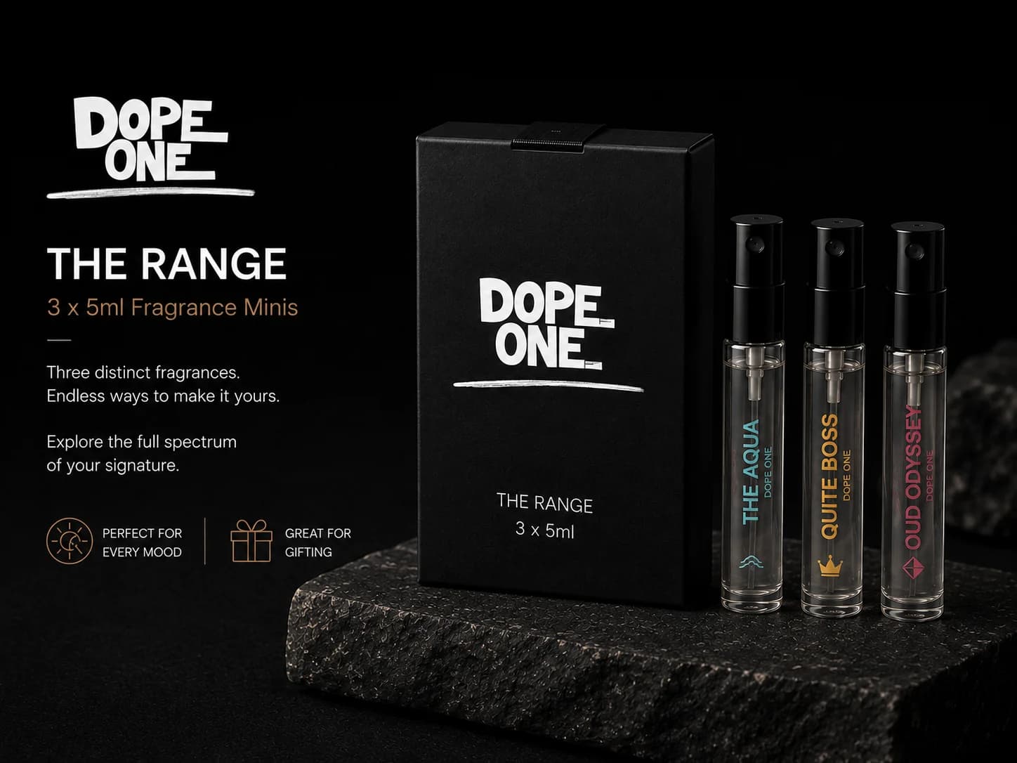 The Range box in black board beside its three 5ml spray vials, The Aqua, Quite Boss and Oud Odyssey, standing on dark stone